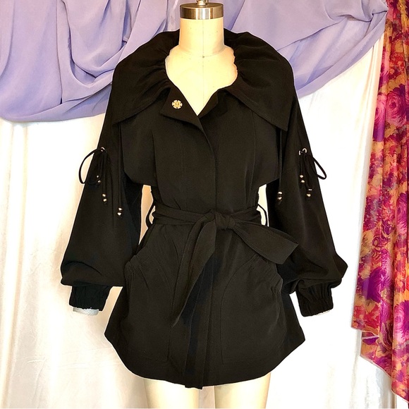 St. John SoCa Black belted parka metallic accents oversized collar size small - Picture 13 of 13
